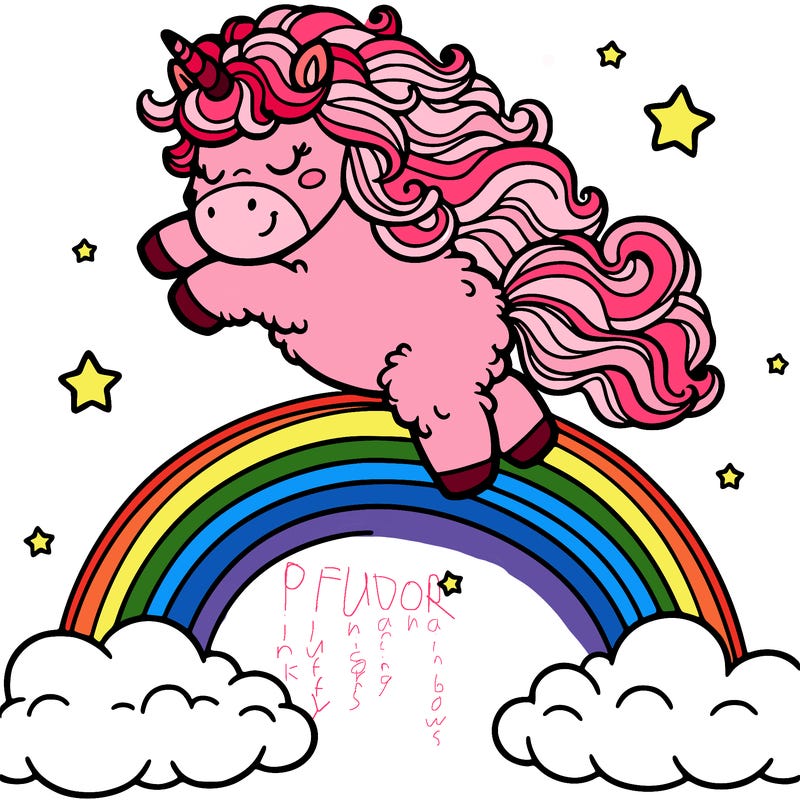 fluffy unicorn dancing on a rainbow