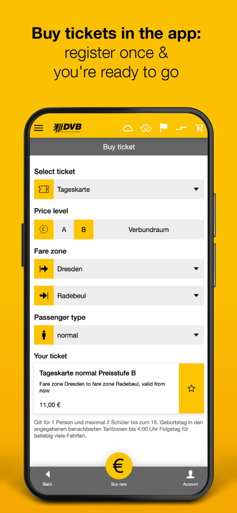 DVB mobil - Interface of the DVB mobil app showing the ticket purchase screen for a day pass in Dresden