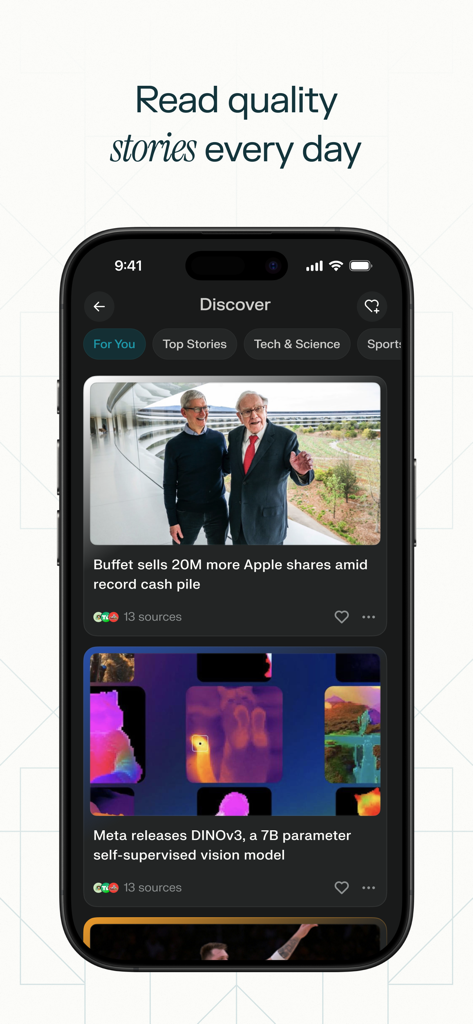 Smartphone screen displaying the Perplexity AI Discover interface with curated news stories and citations.