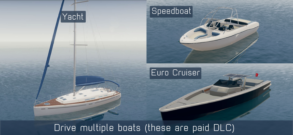 Boat Master - Three different boat models available in Boat Master including a Yacht, Speedboat, and Euro Cruiser
