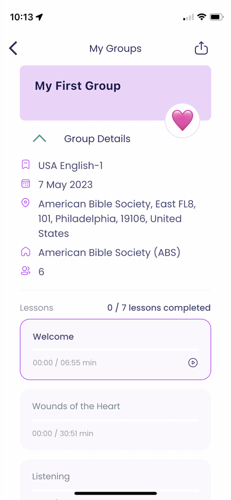 THI Mobile App - THI Mobile App interface showing trauma healing group details lesson progress and audio titles like Wounds of the Heart
