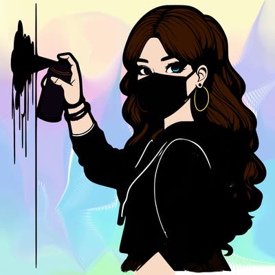 realistic girl with mask spray painting a wall