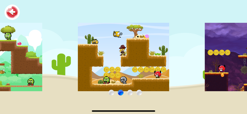 Super Mary's Adventure - Level selection screen showcasing forest desert and dark world environments in Super Mary Adventure