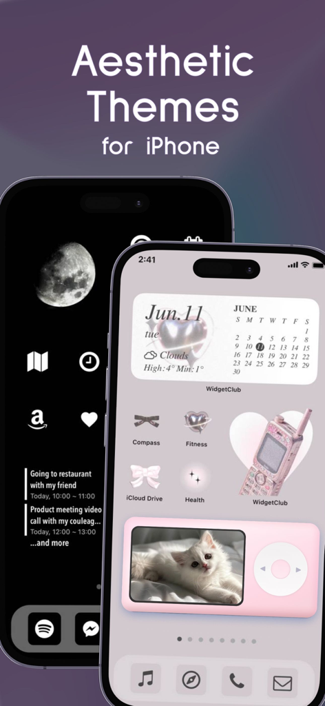 WidgetClub:Widget, Theme, Icon - Due iPhone che mostrano temi di schermata Home estetica scuri e chiari con widget e icone personalizzate