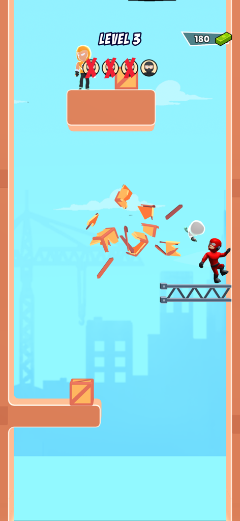 Un personaje stickman rojo rompiendo cajas de madera en un nivel de ciudad