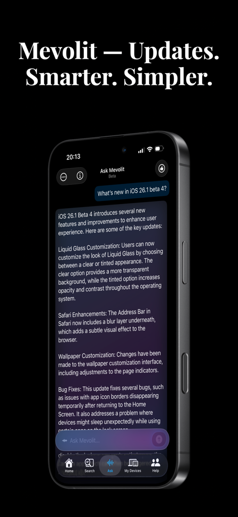 Mevolit - Device Updates - Ask Mevolit AI assistant detailing new features in an iOS beta update.