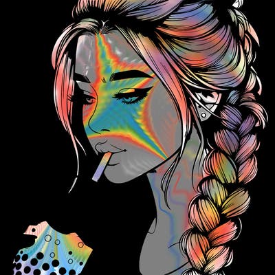 realistic girl drinking boba tea with braided hair