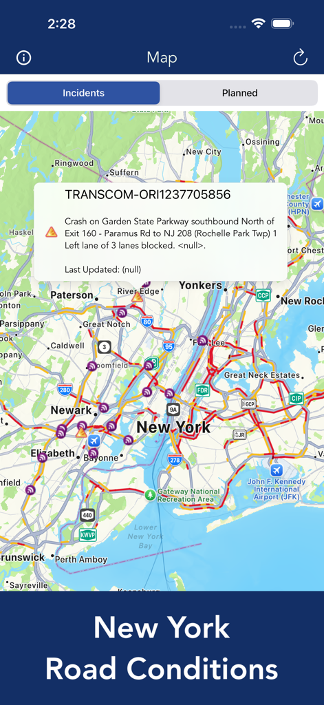 Screenshot of the New York Road Conditions app showing a map with real-time traffic incidents and a crash alert on the Garden State Parkway