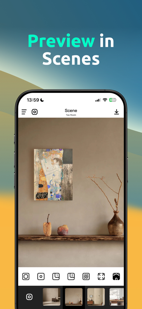 A smartphone display showing the FrameX app with a preview of a painting in a realistic interior room scene