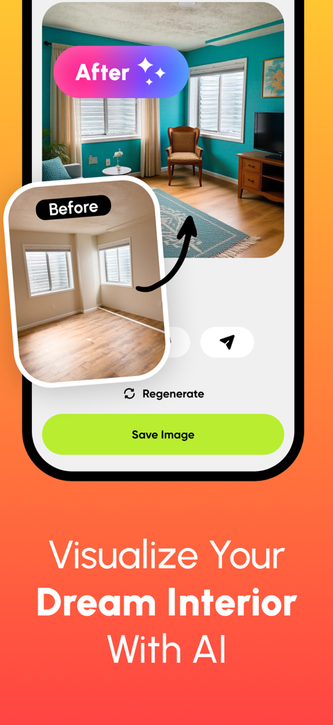 Before and after comparison of a room interior showing walls transformed to turquoise using AI