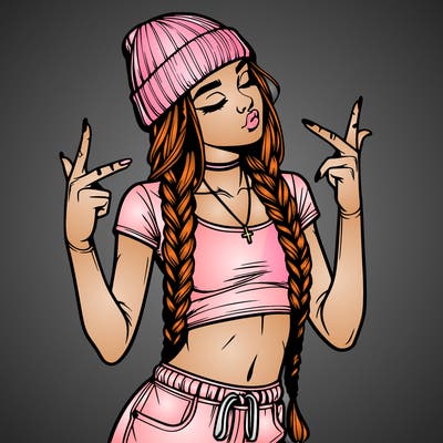 realistic teenage girl with braids and a beanie and crop top doing 🫶🏼