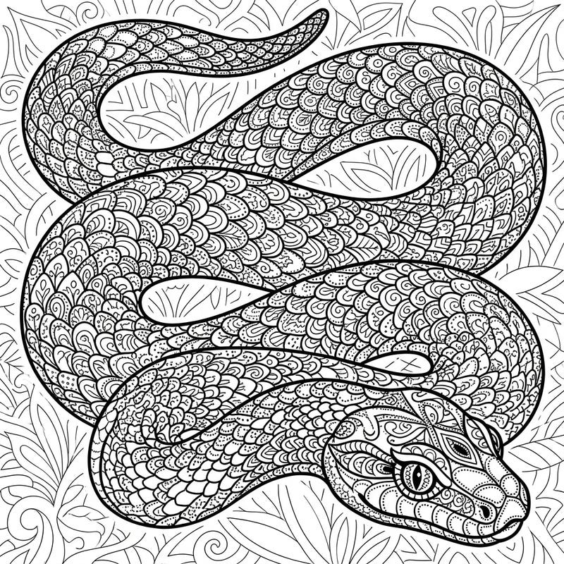 Discover an exquisitely detailed snake brought to life with mesmerizing dot work and Zentangle patterns. This complex design offers a truly rewarding coloring experience for enthusiasts of intricate art.
