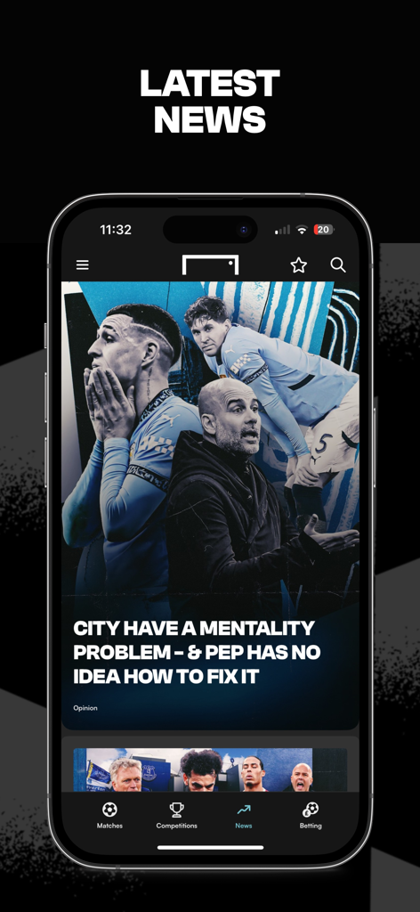 L'application GOAL Live Scores montrant un article d'actualité de football sur Manchester City et Pep Guardiola.