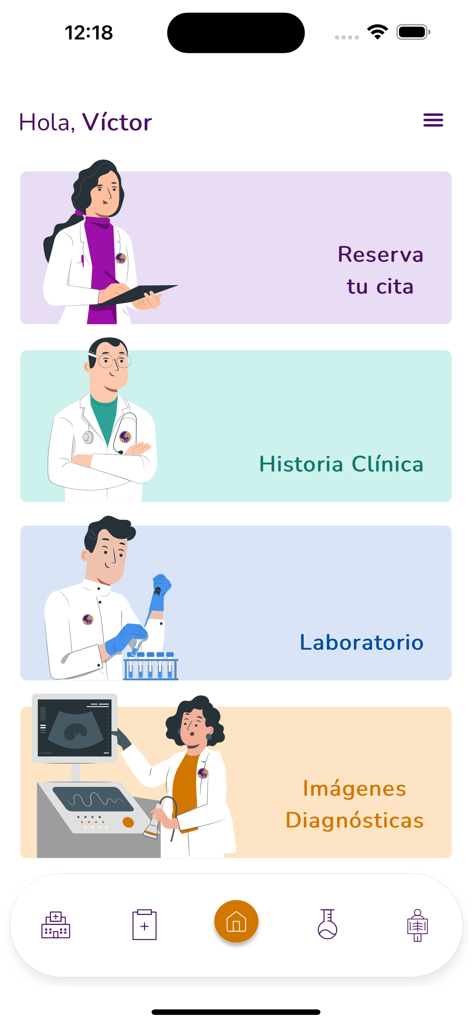 Tableau de bord principal de l'application du portail patient San Pablo montrant des services médicaux tels que la prise de rendez-vous et les résultats de laboratoire