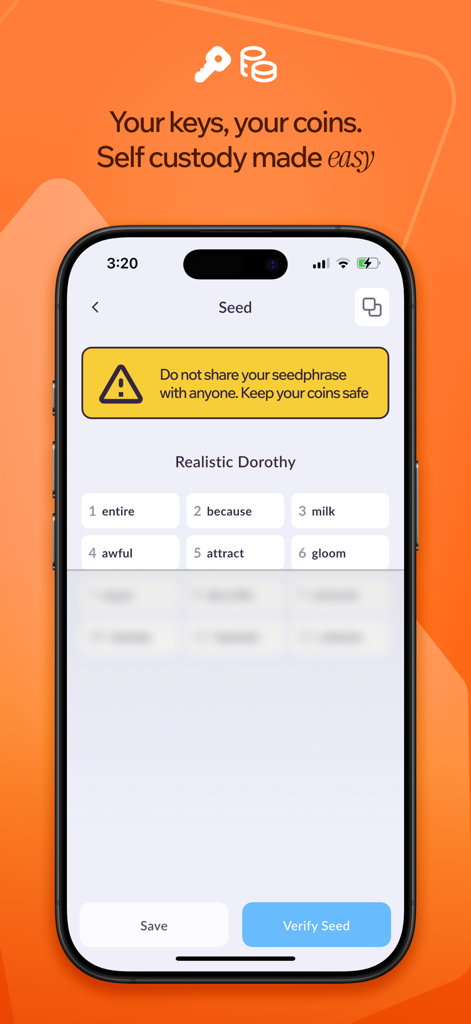 Mobile screen of Cake Wallet displaying a recovery seed phrase for private crypto storage.