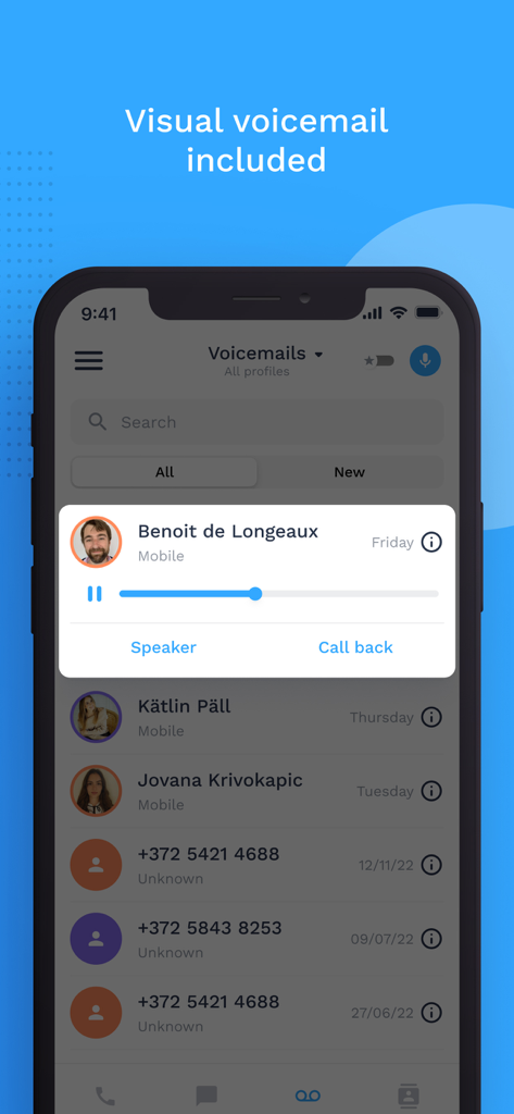 Onoff Numbers - Onoff Numbers mobile App-Oberfläche, die die integrierte visuelle Voicemail-Funktion für eine zweite Telefonnummer zeigt.