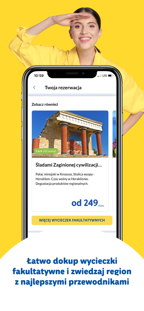 Rainbow: Wakacje & Wycieczki - A woman using the Rainbow app to book a guided excursion to ancient ruins in Greece.