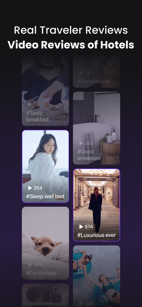 Tripbtoz - Play Share Stay - A collection of short-form video reviews by real travelers showcasing hotel amenities and experiences on the Tripbtoz app.