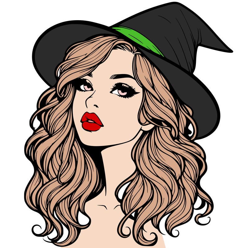 realistic witch girl with wavy hair and lips