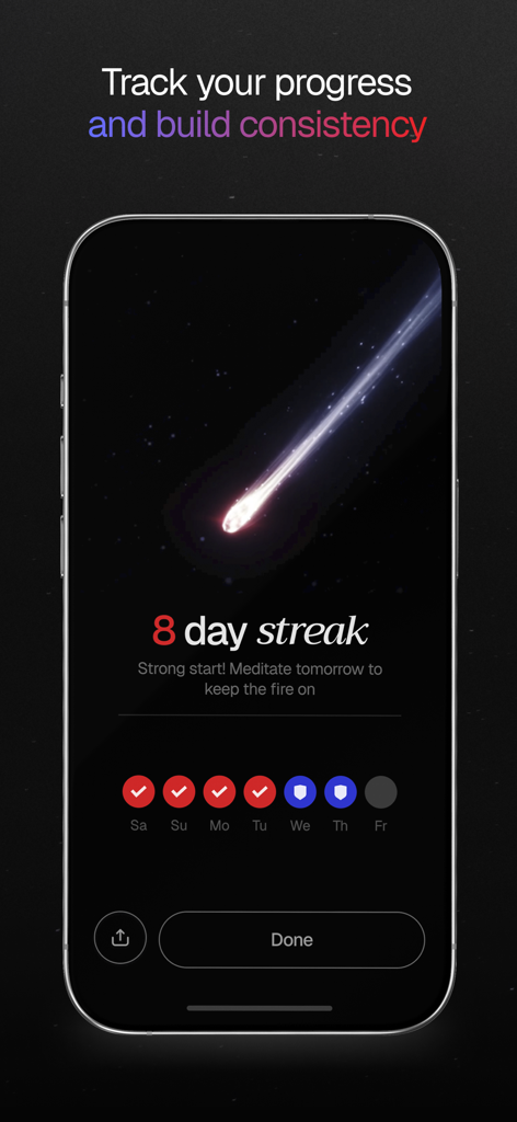 Miracle of Mind app showing an 8 day meditation streak and progress tracker