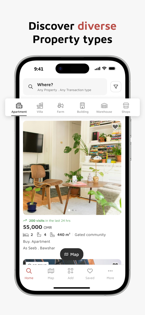 Oman Real - Oman Real app interface showing a diverse range of property types and an apartment listing