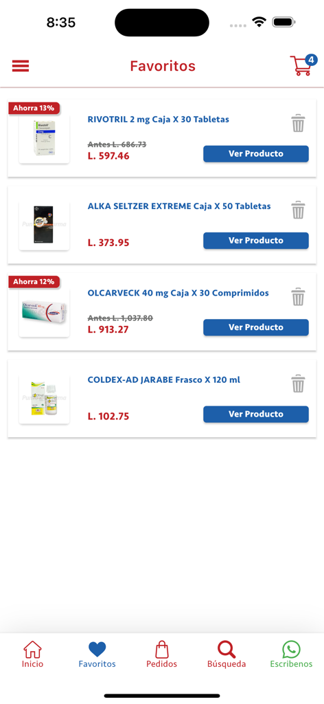 Farmacias Punto Farma - Pantalla de la aplicación móvil mostrando una lista de productos médicos favoritos con precios y descuentos