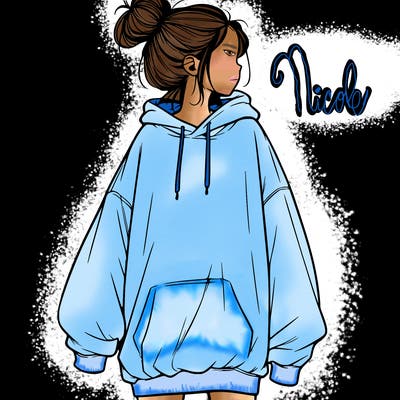 realistic girl with a oversized sweatshirt on and a bun