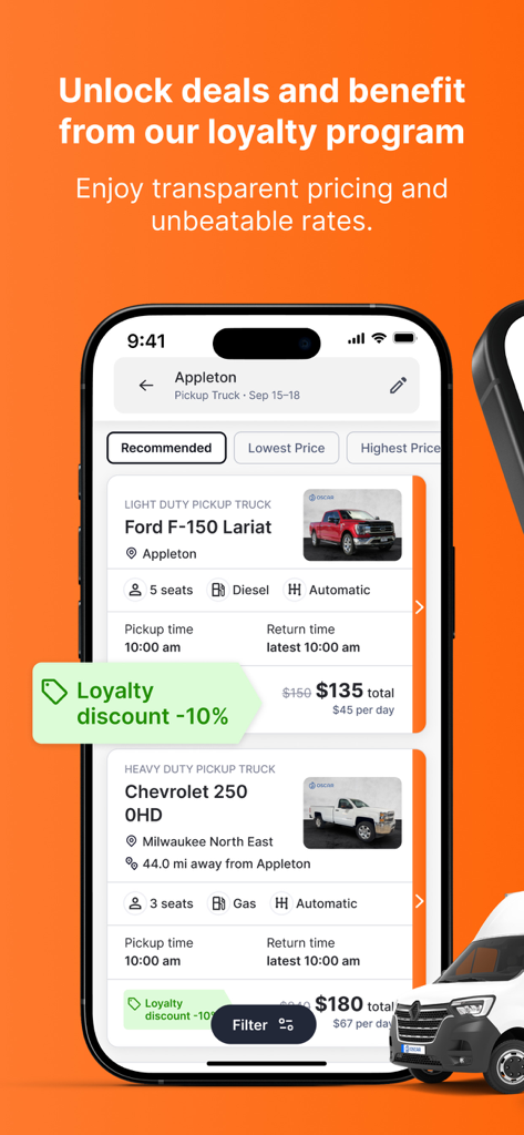 Oscar Car Rental - Oscar Car Rental app displaying pickup truck rentals with a loyalty discount