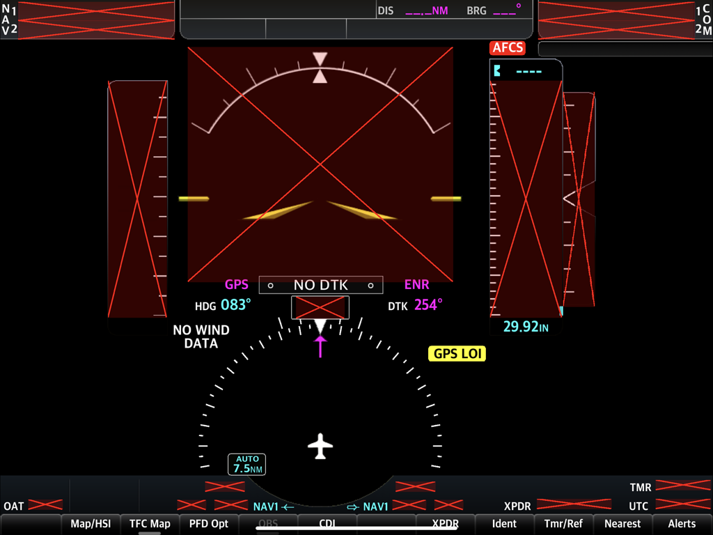 Pantalla de Vuelo Primaria (PFD) SIMiONIC G1000 NXi con indicadores de fallo del sistema e instrumentos de vuelo