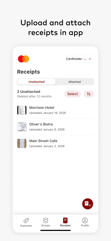 Smart Data - Smart Data by Mastercard app interface showing a list of unattached receipts with upload dates and a prompt to attach them in app.