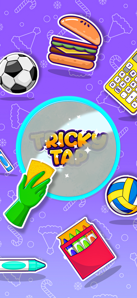 Tricky Tap - Finger Challenges - Tricky Tap game logo surrounded by colorful stickers including a burger, soccer ball, calculator, and crayons on a purple background