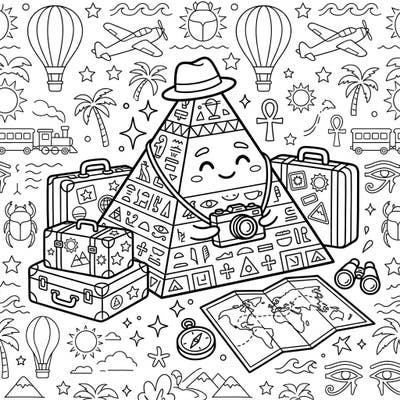 Get ready for an exciting journey with our adorable pyramidion, all set for a fantastic vacation! This unique coloring page combines ancient mystique with the joy of travel, perfect for any adventurer.