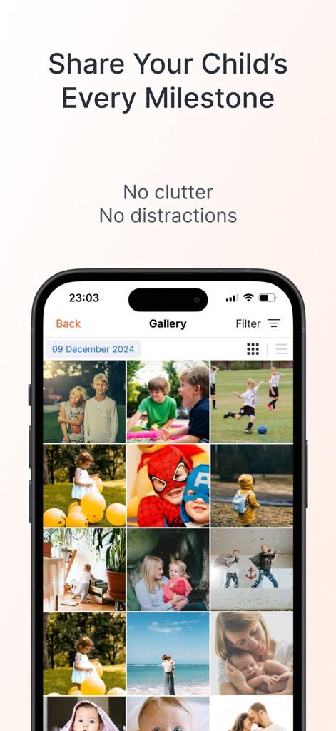 23snaps: Private Family Album - A private family photo gallery within the 23snaps app displaying various childhood milestones on an iPhone