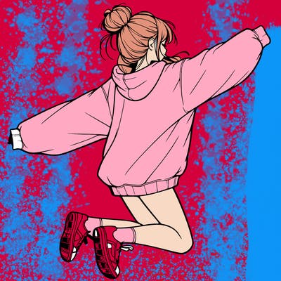 realistic girl jumping with a bun and oversized sweatshirt