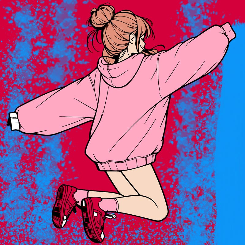 realistic girl jumping with a bun and oversized sweatshirt