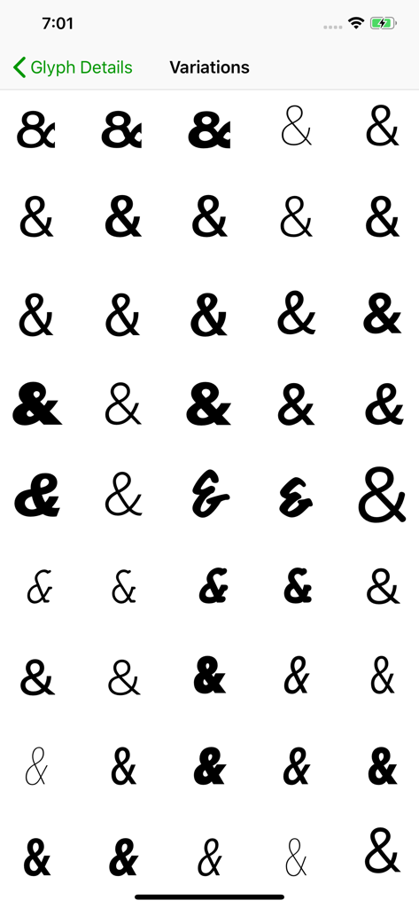 A grid display of various ampersand character styles across different fonts in the Unicode Character Viewer app