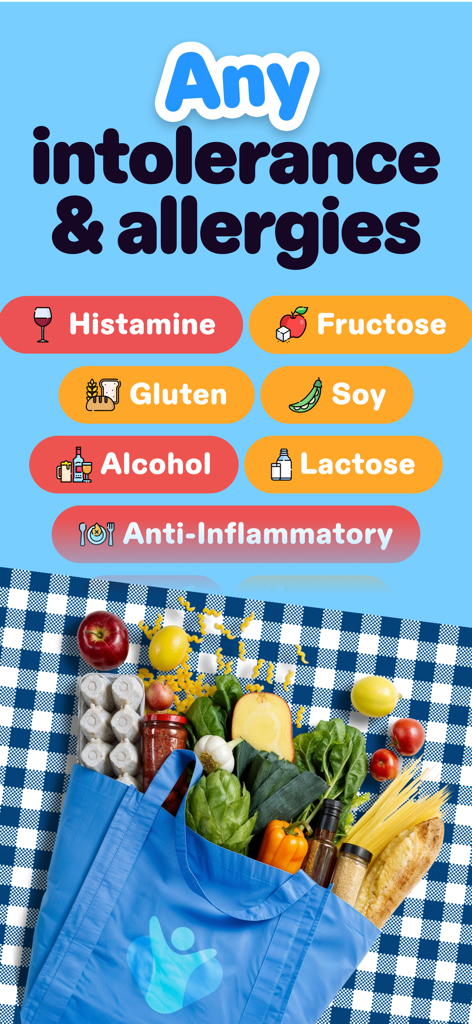 FODMAP & Allergy: InTolerApp - Una lista de filtros de intolerancia alimentaria y alergias como Histamina, Gluten y Lactosa sobre una bolsa de comestibles llena de alimentos frescos.