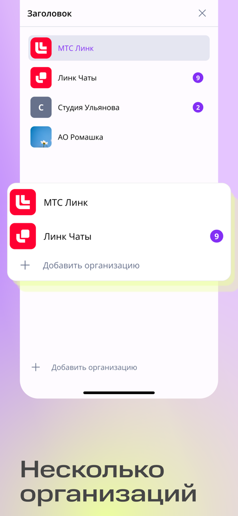 A mobile interface from MTS Link Chats showing a list of different professional organizations for multi-account management