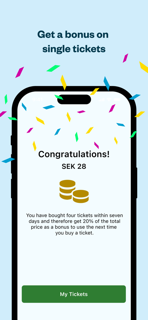 Schermata mobile che mostra un messaggio di congratulazioni e un bonus in contanti per l'acquisto di biglietti nei trasporti nell'app Vasttrafik To Go
