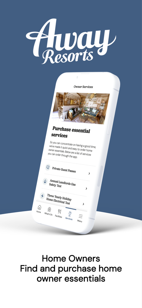 Away Resorts - Away Resorts app owner services screen showing options to purchase holiday home essentials like safety tests and guest passes