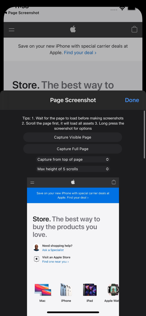 iPhone上のPage Screenshot for Safariアプリのインターフェイス。表示されているページまたはフルウェブページをキャプチャするオプションが表示されています。