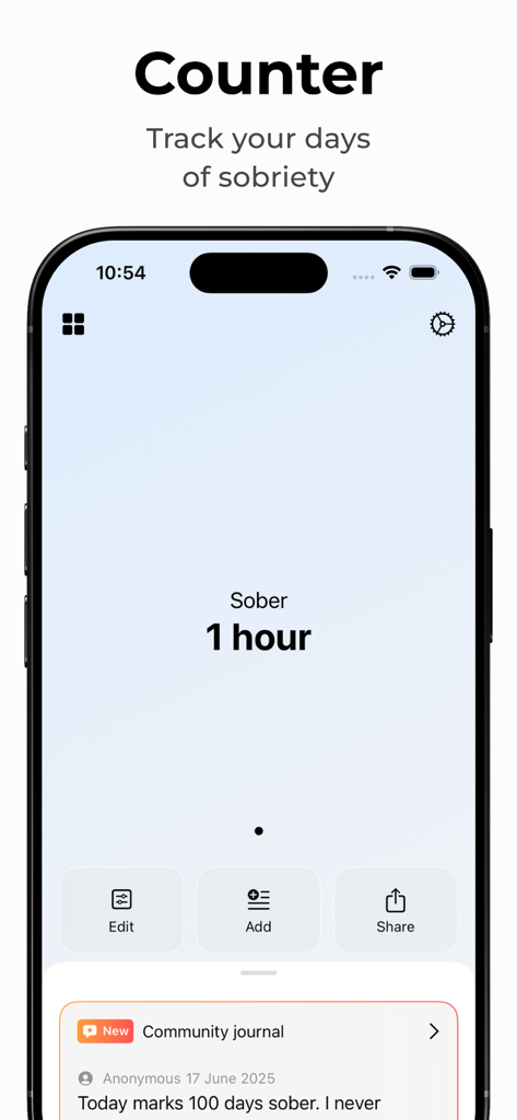 A mobile app interface displaying a sobriety counter for tracking recovery progress.