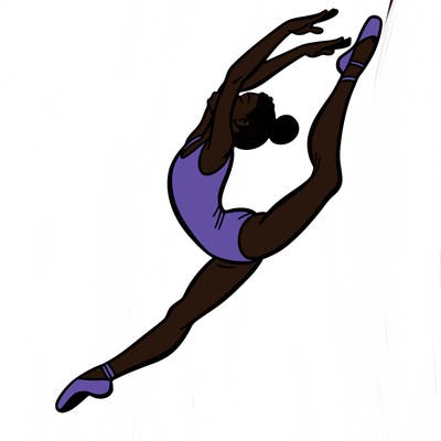 gymnast doing a leap in a leotard with a bent back leg