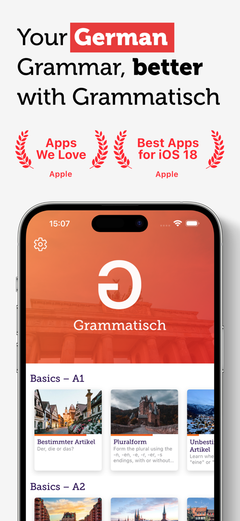 Grammatisch app home screen showing German grammar lessons for A1 and A2 levels