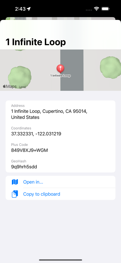 The Location App - The Location App interface showing address, coordinates, plus code, and geohash for 1 Infinite Loop with options to open or copy data