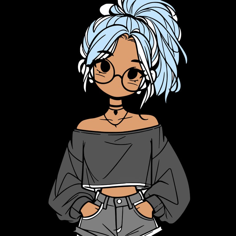 girl with a messy ponytail glasses a baggy crop top and jean shorts