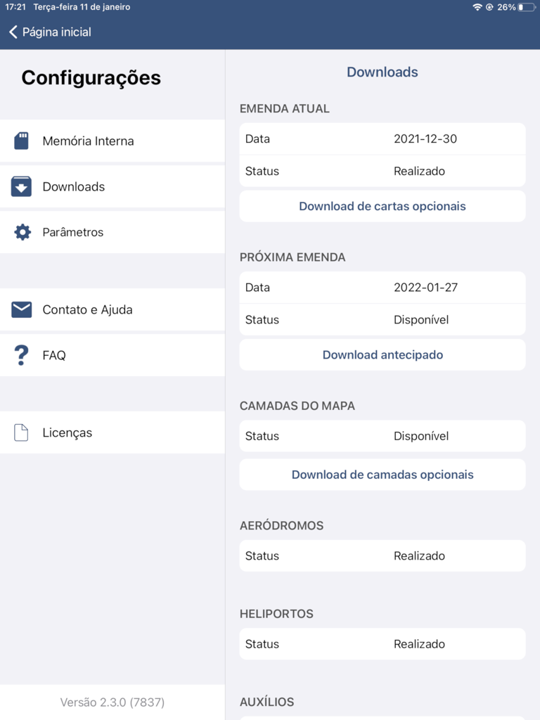 航空チャートとマップレイヤーのデータ更新ステータスを示すFPL BR - EFBアプリのダウンロード設定画面