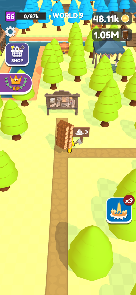 Craft Island - Un personnage transportant une grande pile de bûches sur une île dans le jeu mobile Craft Island.