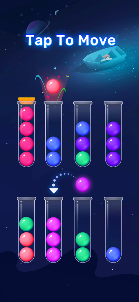 Ball Sort - Color Sort Puzzle! - 夢のような宇宙を背景にした、色付きのボールがガラス管にソートされているボールソートパズルのゲームプレイ画面