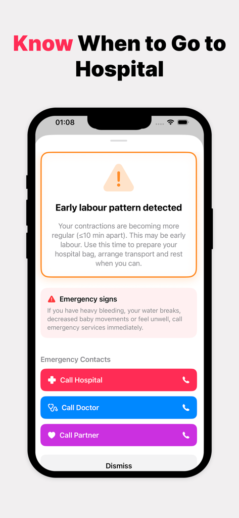 Contraction timer app screen showing early labor pattern detection and emergency contact buttons for calling hospital, doctor, or partner.